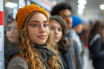 A young woman with red glasses and a yellow beanie standing in a crowded indoor setting, looking at the camera with a slight smile. World Blood Donor Day.