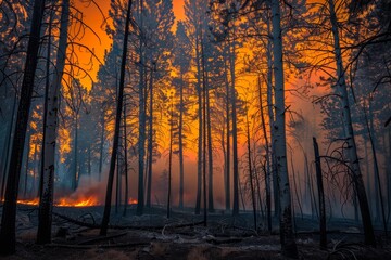 Obraz premium Intense Wildfire Ravaging Through Forest at Night