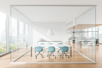 Modern office interior with glass conference room and coworking space, panoramic window