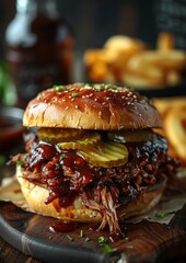 Pulled Pork Sandwich - Pulled pork in a soft bun with BBQ sauce and pickles. 