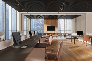 Modern office interior with coworking and glass meeting room, panoramic window