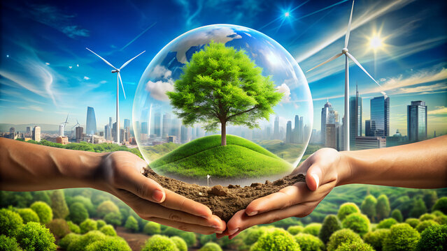 Green tree in glass ball. Saving green environment and world environmental conservation concept.