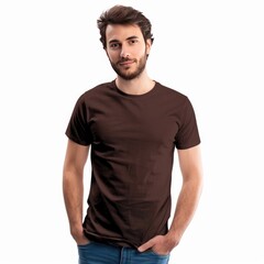 Obraz premium Coffee Brown t-shirt with a round neckline, solid color, white background