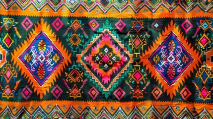 Colorful, intricate, and vibrant traditional textile pattern featuring geometric shapes and vivid colors, perfect for design inspirations.