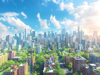 Obraz premium Vibrant Cityscape with Skyscrapers and Green Spaces Panorama