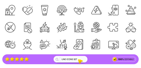 360 degree, Medical pills and Car charging line icons for web app. Pack of Mental health, Microphone, Fitness pictogram icons. Fingerprint, Wrong file, Consumption growth signs. Search bar. Vector