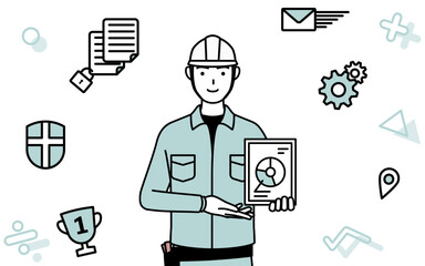 DXのイメージ、デジタル技術を利用して業務改善を行うヘルメットと作業着姿の男性