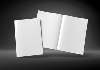 Magazine cover and open magazine mockup on black. Empty brochure template. 3D rendering