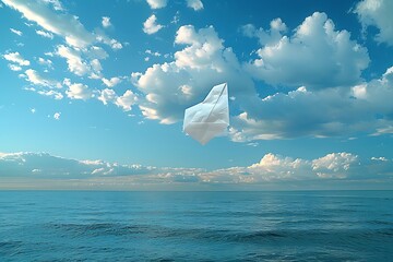 a letter caught in a gust of wind, fluttering against a backdrop of a clear blue sky with fluffy...