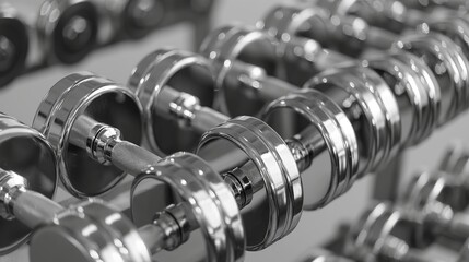 A set of dumbbells made of polished chrome, ranging from small to large, aligned perfectly on a...