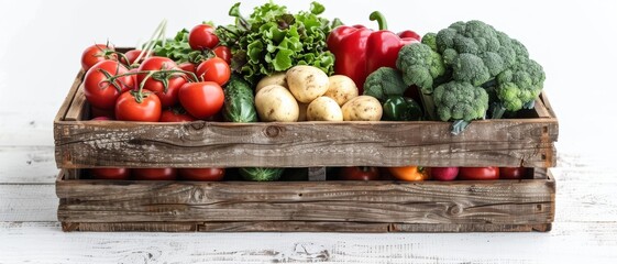 Wooden crate filled with fresh vegetables including tomatoes, lettuce, bell peppers, potatoes, broccoli, and cucumbers on a white background.