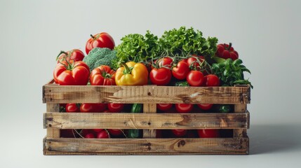 Wooden crate filled with an assortment of fresh vegetables including tomatoes, bell peppers, broccoli, and greens, isolated on a white background.
