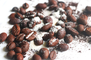 coffee beans. powder. cream. on a white background. the aroma of Sumatran coffee. arabica coffee. civet coffee. expensive and luxurious. drink lover