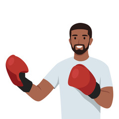 A young man taking a martial arts gym fighting pose. Flat vector illustration isolated on white background