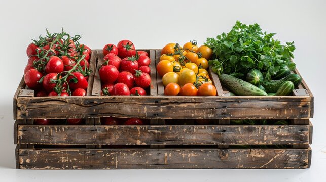 A rustic wooden crate filled with fresh tomatoes, yellow cherry tomatoes, cucumbers and leafy greens displayed against a white background. - Powered by Adobe