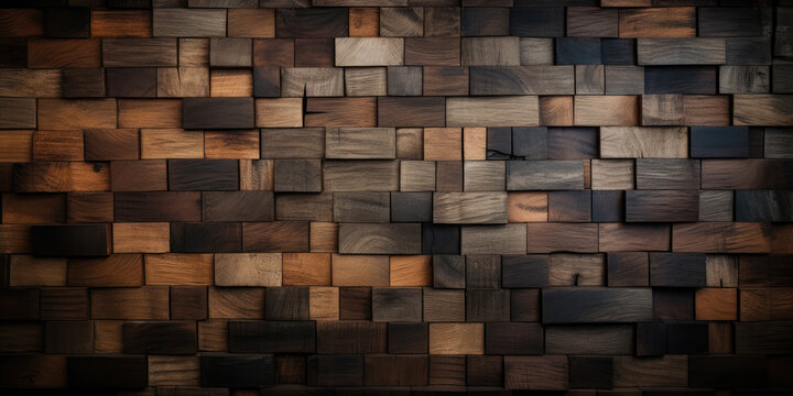 Wood background. Modern wooden facing background. Dark wooden banner. Rustic three-dimensional wood texture