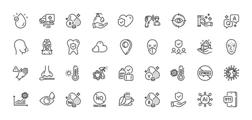 Stop stress, Skin care and Wash hands line icons pack. AI, Question and Answer, Map pin icons. Vitamin e, Riboflavin vitamin, Thermometer web icon. Vector