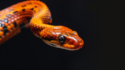 Naklejka premium An orange and black snake on a black background. The snake as a symbol of the year 2025. A place for the text.