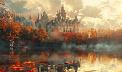 Majestic castle by a lake, autumn foliage, golden hour close up, focus on, copy space Double exposure silhouette with enchanted forest