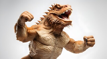 Anthropomorphic Muscular Bearded Dragon Fist Pumping in Fierce Fighting Stance on White Studio Background