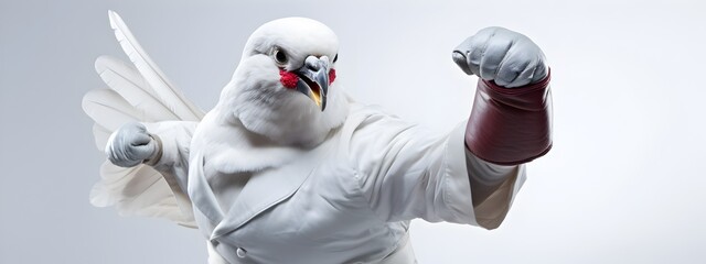 Anthropomorphic Muscular Pigeon Ferociously Fist Pumping in Studio