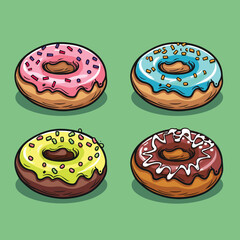 Four colorful donuts cartoon illustration, green background. Various toppings doughnuts vector drawing, playful food graphic. Sweet dessert collection bright colors, tasty snack digital art