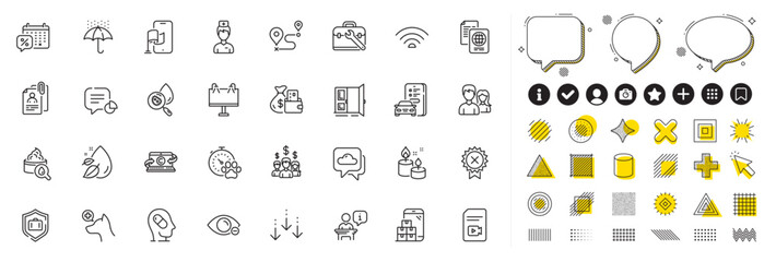 Set of Tool case, Statistic and Car registration line icons for web app. Design elements, Social media icons. Weather forecast, Aroma candle, Discounts calendar icons. Vector