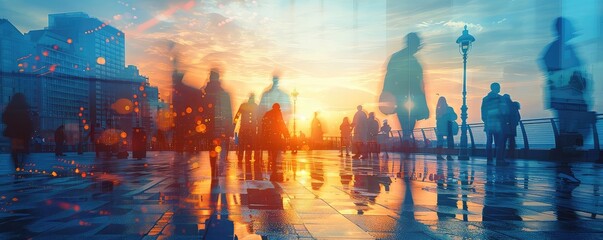 Marina boardwalk, close up, focus on, copy space, bright tones, Double exposure silhouette with strolling visitors