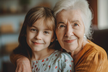 A joyful elderly grandma and her granddaughter pose together on a sofa, both smiling brightly