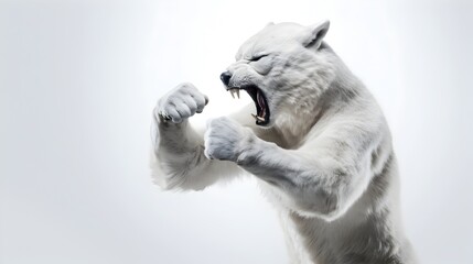 Fierce Anthropomorphic Arctic Wolf Fist Pumping in Dramatic Studio Shot