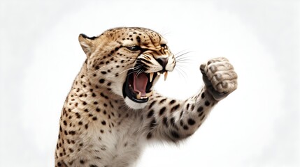 Obraz premium Fierce Anthropomorphic Cheetah Fist Pumping in Combat on White Studio Background