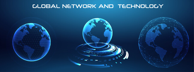 Global Connection: Earth Hologram with Digital Network, Earth hologram for Technology background with a digital communication and Network system. Some elements of the image provided by NASA