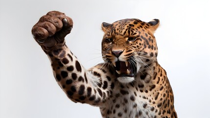 Obraz premium Fierce Anthropomorphic Leopard Fist Pumping in Intense Studio Shot on White