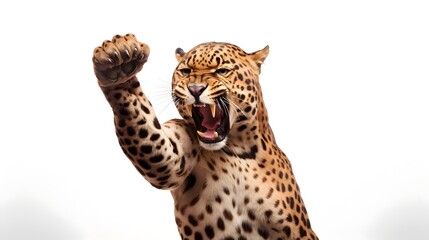 Fierce Anthropomorphic Leopard Making Fist Pump Gesture on White Studio Background