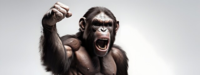 Fierce Chimpanzee Fist Pumping with Powerful Muscular Physique on White Studio Background