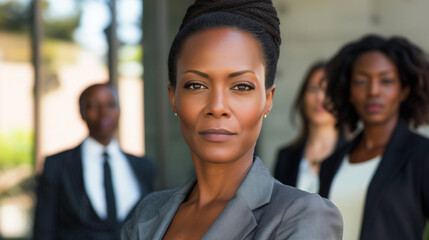 Obraz premium Confident African American Businesswoman Leading a Diverse Team of Professionals, black woman power concept