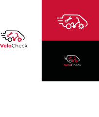 Van with bicycle workshop logo design concept