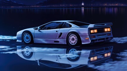 Fototapeta premium Retro Sports Car by Nighttime Lake