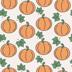 Cute hand drawn autumn fall season seamless vector pattern background illustration with pumpkins and leaves