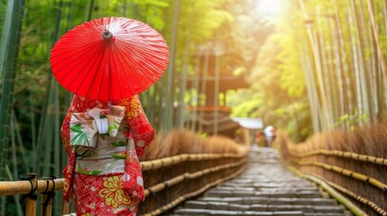 Fototapeta premium A woman wearing a red kimono