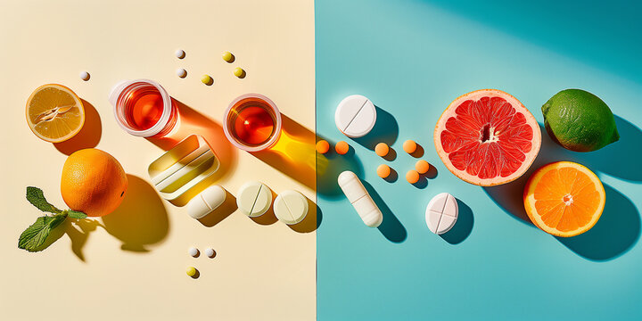 Vitamin Tabletten und frisches Obst auf dem Tisch. Bunter Hintergrund. Healthcare Produkte.