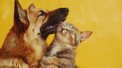 Close-Up of Happy Dog and Cat on Yellow Background