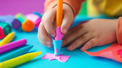 A child's hand is holding a pink crayon and drawing on a blue table. The child is wearing an orange shirt.
