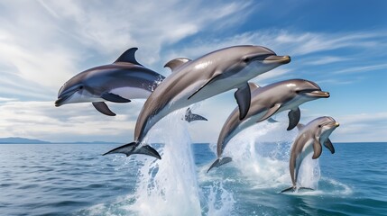 Obraz premium Joyful Dolphins Leaping Out of the Tropical Ocean Waves