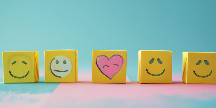 Customer Satisfaction: valutazione del cliente. Sondaggio di soddisfazione. Cubetti con faccine per la customer satisfaction.