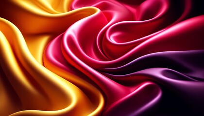 Fototapeta premium A smooth, silky fabric in vibrant fuchsia, yellow, and magenta colors with soft folds and gentle waves