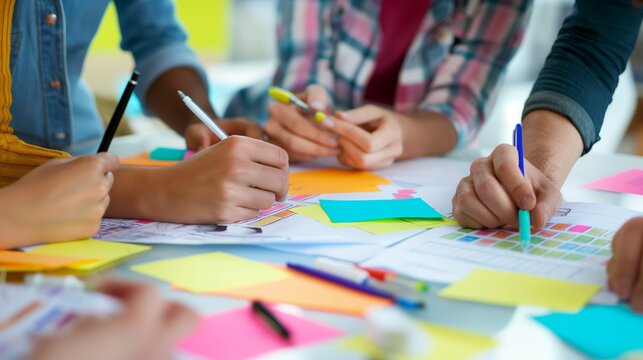 Active class participation is evident in the image with students using colorful sticky notes and writing instruments during a collaborative session