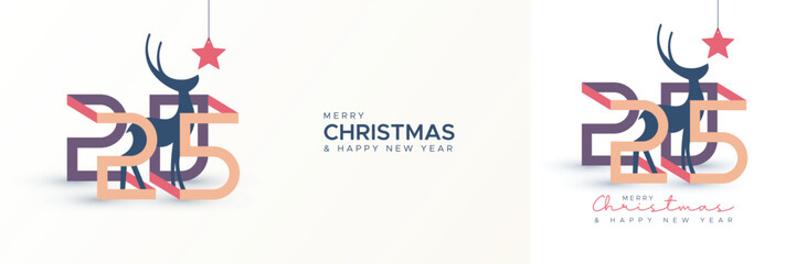 Merry Christmas and Happy New Year 2025 design template with unique number and deer. Minimalist design of Christmas