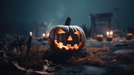 Halloween scary pumpkin with fire in the cemetery at night, grave background. AI generated.