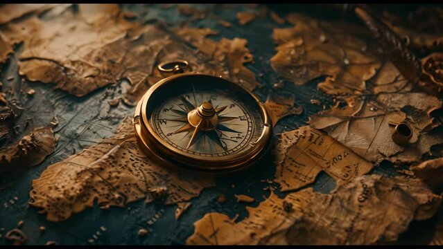 A compass is on a map with a compass needle pointing to the right